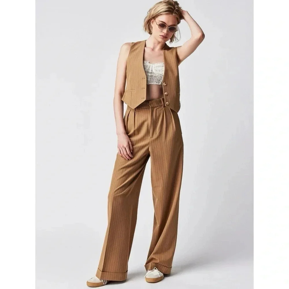 NWT Ronny Kobo Foxy Kia Nomad Wide-Leg Pants Vest Set Brown XS